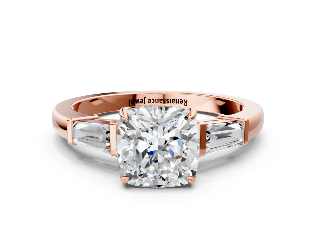 Rose gold Cushion Cut Diamond Ring with Tapered Baguette Side Stones in Four-Prong Setting_16