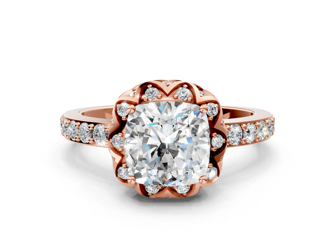 Rose gold Cushion Cut Diamond Scalloped Halo Engagement Ring with Round Shared Prong Band_12