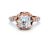 Rose gold Cushion Cut Diamond Scalloped Halo Engagement Ring with Round Shared Prong Band_12