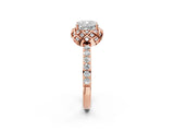 Rose gold Cushion Cut Diamond Scalloped Halo Engagement Ring with Round Shared Prong Band_14