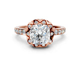 Rose gold Cushion Cut Diamond Scalloped Halo Engagement Ring with Round Shared Prong Band_24
