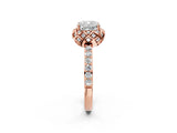 Rose gold Cushion Cut Diamond Scalloped Halo Engagement Ring with Round Shared Prong Band_26