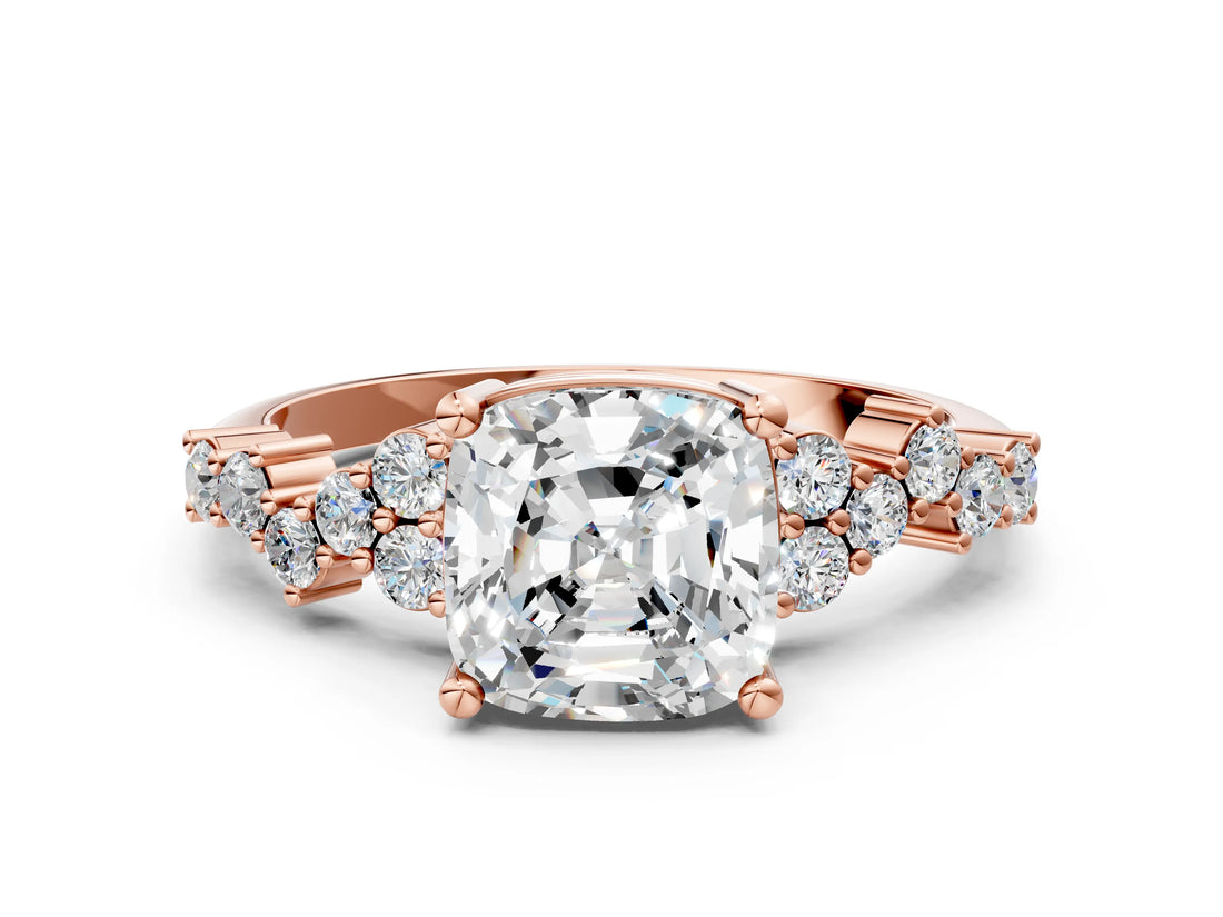 Rose gold Cushion Cut Diamond Scattered Round Accent Ring with Prong Setting_12
