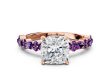 Rose gold Cushion Cut Diamond Side Stone Solitaire Ring with Round with Amethyst side stone and Four-Prong Setting