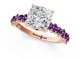 Rose gold Cushion Cut Diamond Side Stone Solitaire Ring with Round with Amethyst side stone and Four-Prong Setting_1