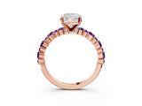 Rose gold Cushion Cut Diamond Side Stone Solitaire Ring with Round with Amethyst side stone and Four-Prong Setting_3