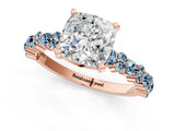 Rose gold Cushion Cut Diamond Side Stone Solitaire Ring with Round with Aquamarine side stone and Four-Prong Setting_1