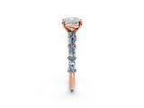 Rose gold Cushion Cut Diamond Side Stone Solitaire Ring with Round with Aquamarine side stone and Four-Prong Setting_2