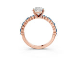 Rose gold Cushion Cut Diamond Side Stone Solitaire Ring with Round with Aquamarine side stone and Four-Prong Setting_3