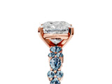 Rose gold Cushion Cut Diamond Side Stone Solitaire Ring with Round with Aquamarine side stone and Four-Prong Setting_5