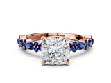 Rose gold Cushion Cut Diamond Side Stone Solitaire Ring with Round with Blue Sapphire side stone and Four-Prong Setting