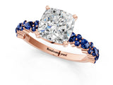 Rose gold Cushion Cut Diamond Side Stone Solitaire Ring with Round with Blue Sapphire side stone and Four-Prong Setting_1