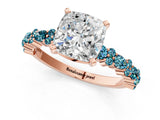 Rose gold Cushion Cut Diamond Side Stone Solitaire Ring with Round with Blue Topaz side stone and Four-Prong Setting_1