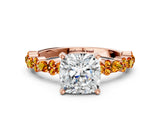 Rose gold Cushion Cut Diamond Side Stone Solitaire Ring with Round with Citrine side stone and Four-Prong Setting
