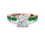 Rose gold Cushion Cut Diamond Side Stone Solitaire Ring with Round with Emerald side stone and Four-Prong Setting