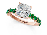 Rose gold Cushion Cut Diamond Side Stone Solitaire Ring with Round with Emerald side stone and Four-Prong Setting_1