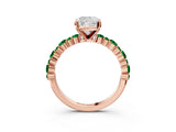 Rose gold Cushion Cut Diamond Side Stone Solitaire Ring with Round with Emerald side stone and Four-Prong Setting_3