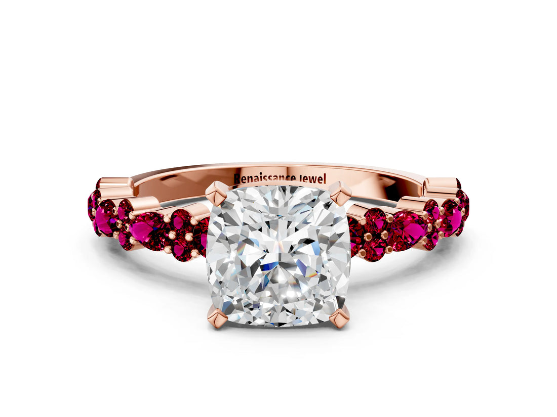 Rose gold Cushion Cut Diamond Side Stone Solitaire Ring with Round with Garnet side stone and Four-Prong Setting