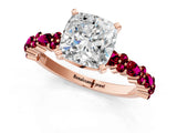 Rose gold Cushion Cut Diamond Side Stone Solitaire Ring with Round with Garnet side stone and Four-Prong Setting_1