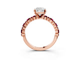 Rose gold Cushion Cut Diamond Side Stone Solitaire Ring with Round with Garnet side stone and Four-Prong Setting_3