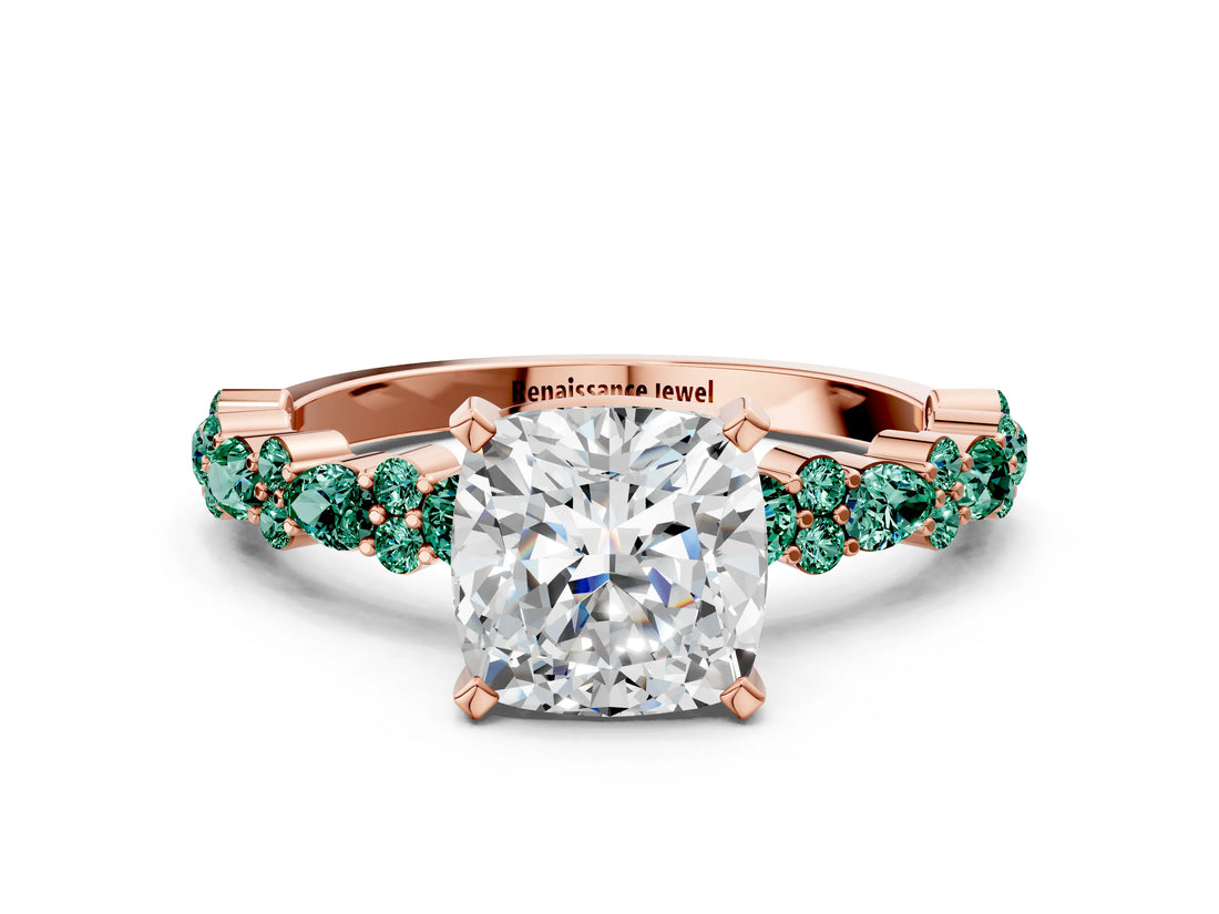 Rose gold Cushion Cut Diamond Side Stone Solitaire Ring with Round with Green Sapphire side stone and Four-Prong Setting