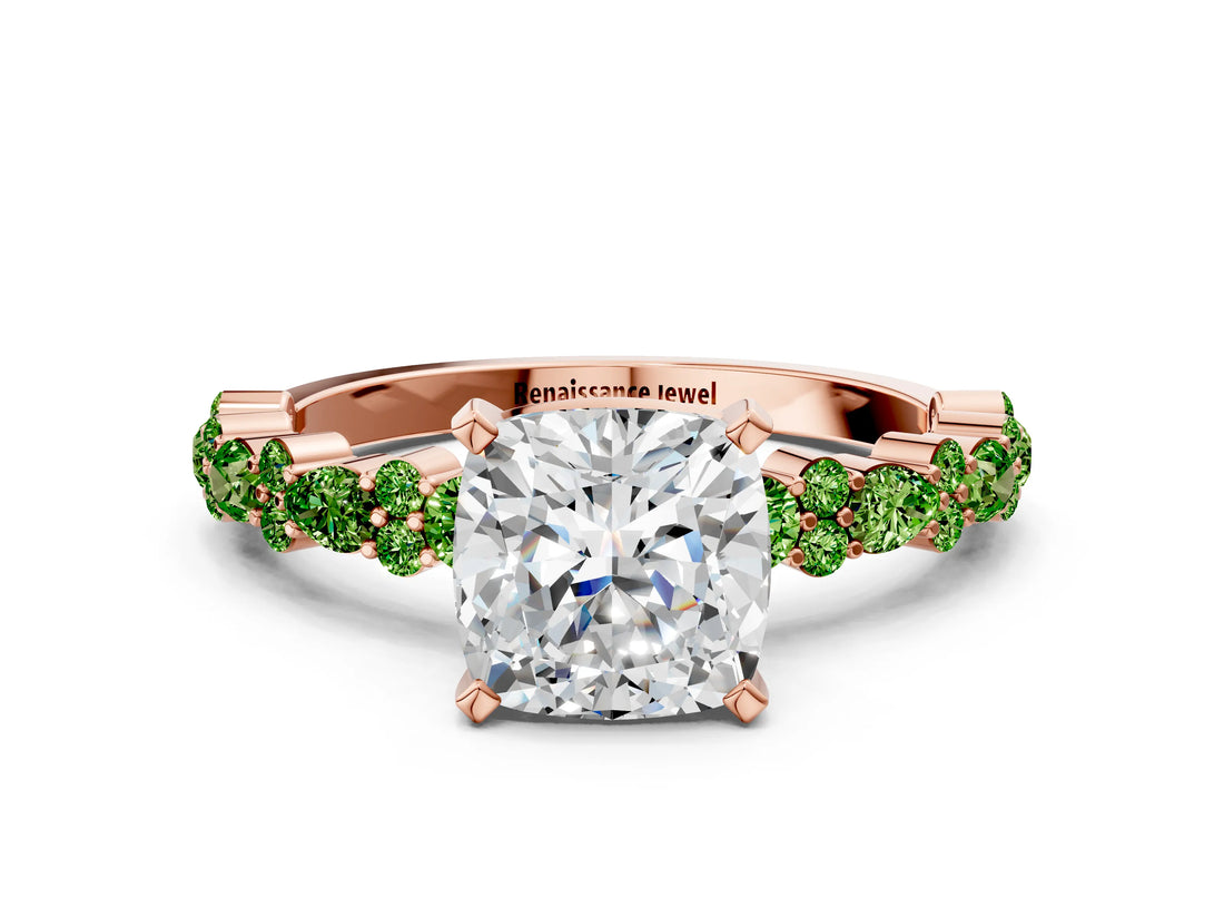 Rose gold Cushion Cut Diamond Side Stone Solitaire Ring with Round with Peridot side stone and Four-Prong Setting