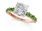 Rose gold Cushion Cut Diamond Side Stone Solitaire Ring with Round with Peridot side stone and Four-Prong Setting_1