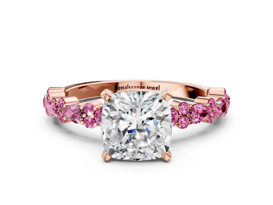 Rose gold Cushion Cut Diamond Side Stone Solitaire Ring with Round with Pink Sapphire side stone and Four-Prong Setting