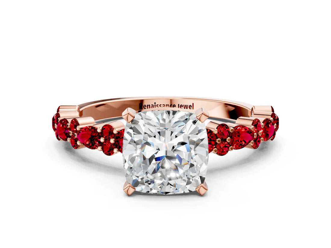 Rose gold Cushion Cut Diamond Side Stone Solitaire Ring with Round with Ruby side stone and Four-Prong Setting