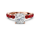 Rose gold Cushion Cut Diamond Side Stone Solitaire Ring with Round with Ruby side stone and Four-Prong Setting