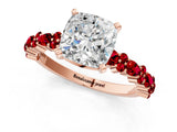 Rose gold Cushion Cut Diamond Side Stone Solitaire Ring with Round with Ruby side stone and Four-Prong Setting_1