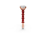 Rose gold Cushion Cut Diamond Side Stone Solitaire Ring with Round with Ruby side stone and Four-Prong Setting_2