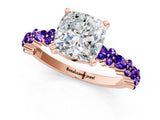 Rose gold Cushion Cut Diamond Side Stone Solitaire Ring with Round with Tanzanite side stone and Four-Prong Setting_1