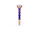 Rose gold Cushion Cut Diamond Side Stone Solitaire Ring with Round with Tanzanite side stone and Four-Prong Setting_2