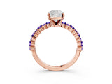 Rose gold Cushion Cut Diamond Side Stone Solitaire Ring with Round with Tanzanite side stone and Four-Prong Setting_3
