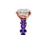 Rose gold Cushion Cut Diamond Side Stone Solitaire Ring with Round with Tanzanite side stone and Four-Prong Setting_5