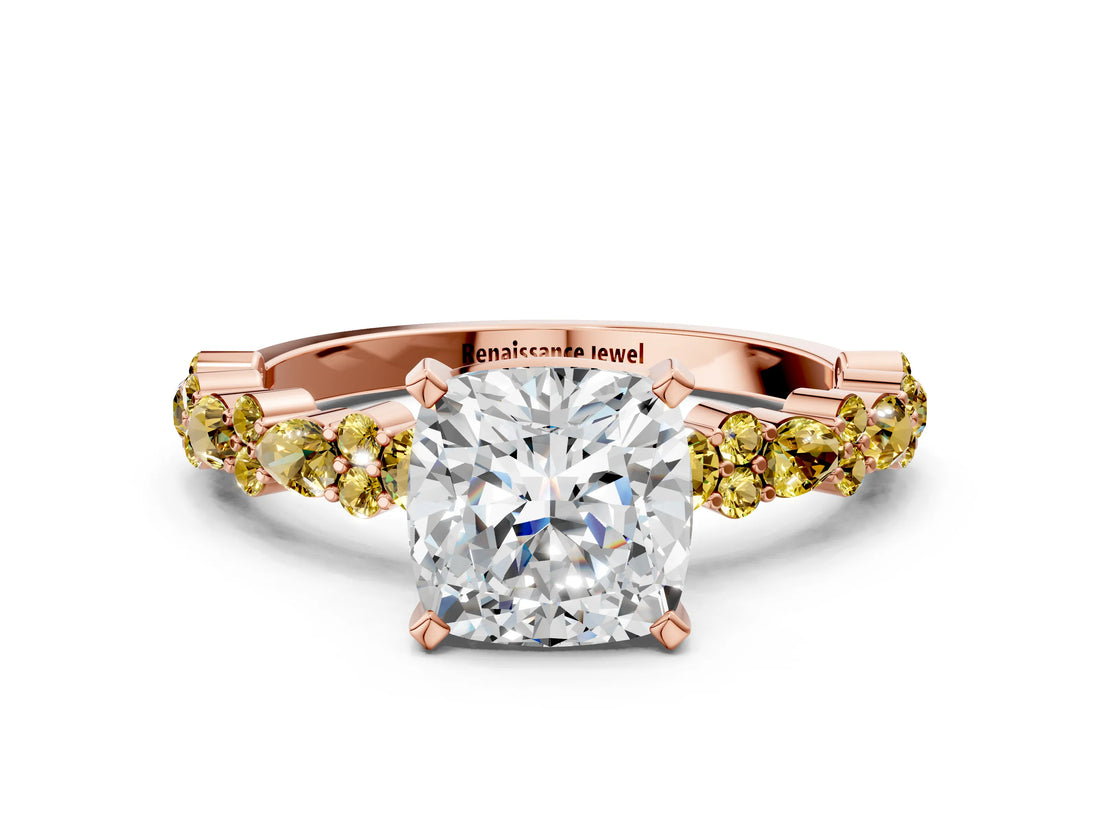 Rose gold Cushion Cut Diamond Side Stone Solitaire Ring with Round with Yellow Sapphire side stone and Four-Prong Setting