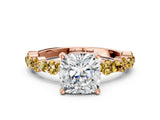 Rose gold Cushion Cut Diamond Side Stone Solitaire Ring with Round with Yellow Sapphire side stone and Four-Prong Setting