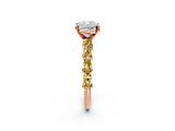 Rose gold Cushion Cut Diamond Side Stone Solitaire Ring with Round with Yellow Sapphire side stone and Four-Prong Setting_2