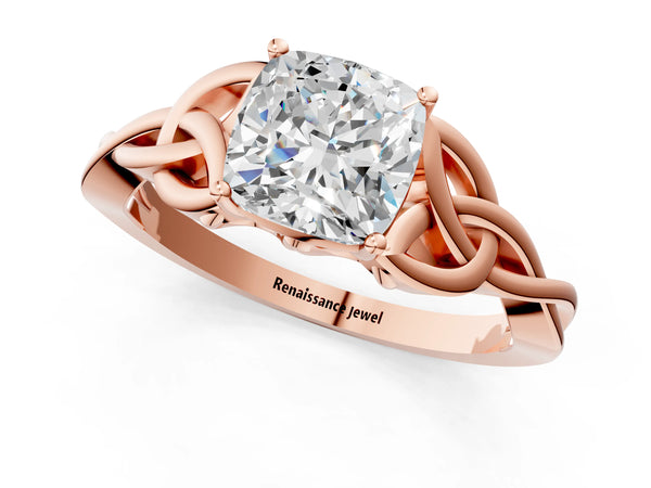 Rose gold Cushion Cut Diamond Solitaire Celtic Knot Ring with Four-Prong Setting