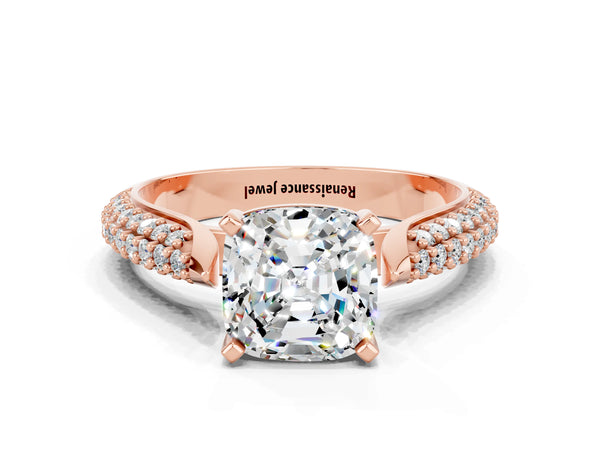 Rose gold Cushion Cut Moissanite Solitaire Engagement Ring with Multi-Row Round Pavé Band and Prong Setting