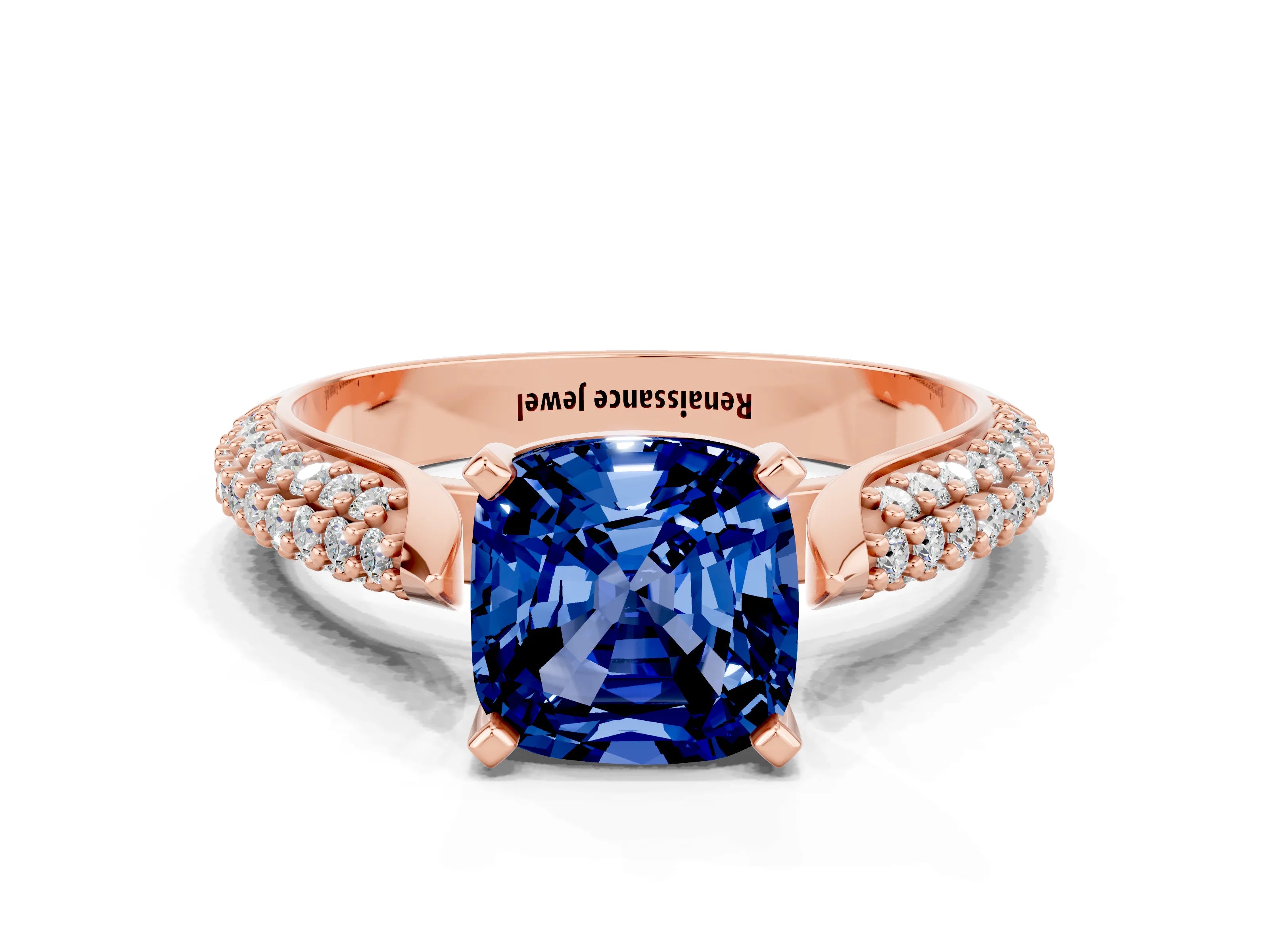 Rose gold Cushion Cut Diamond Solitaire Engagement Ring with Pavé Band and Four-Prong Setting