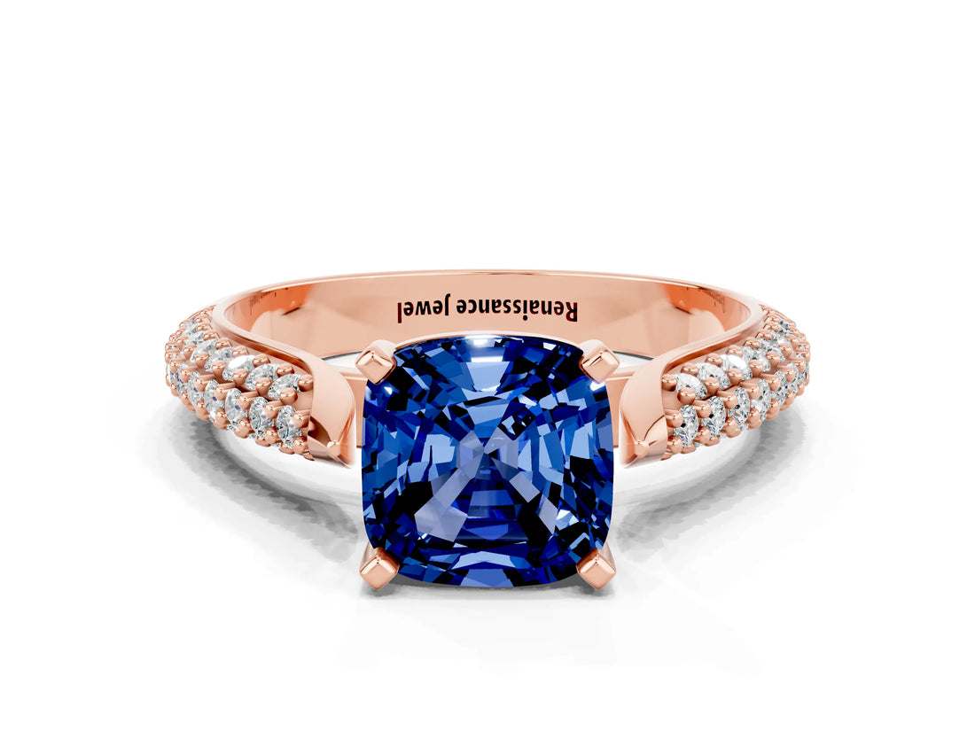 Rose gold Cushion Cut Diamond Solitaire Engagement Ring with Pavé Band and Four-Prong Setting