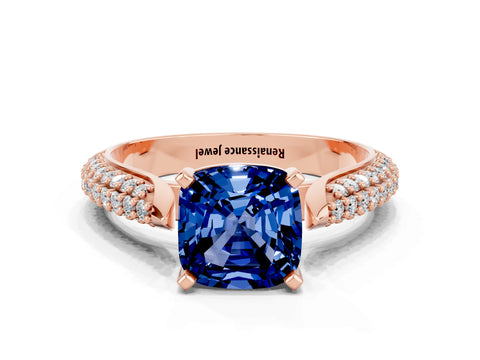 Rose gold Cushion Cut Diamond Solitaire Engagement Ring with Pavé Band and Four-Prong Setting