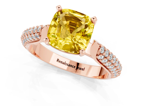Rose gold Cushion Cut Yellow Sapphire Solitaire Engagement Ring with Multi-Row Round Pavé Band and Prong Setting
