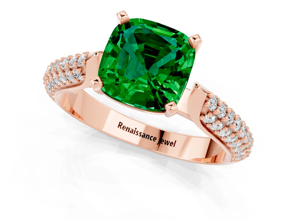 Rose gold Cushion Cut Emerald Solitaire Engagement Ring with Multi-Row Round Pavé Band and Prong Setting