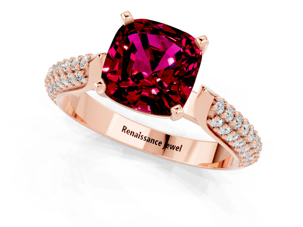 Rose gold Cushion Cut Garnet Solitaire Engagement Ring with Multi-Row Round Pavé Band and Prong Setting