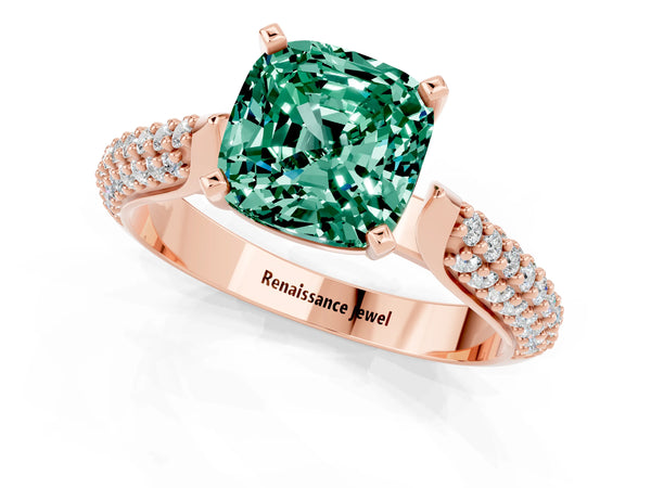Rose gold Cushion Cut Green Sapphire Solitaire Engagement Ring with Multi-Row Round Pavé Band and Prong Setting