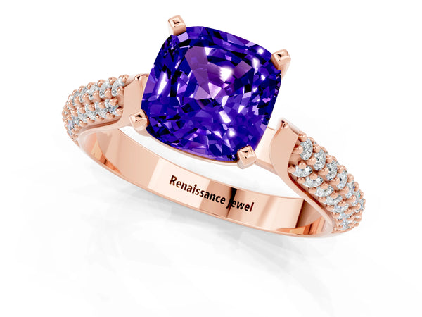 Rose gold Cushion Cut Tanzanite Solitaire Engagement Ring with Multi-Row Round Pavé Band and Prong Setting