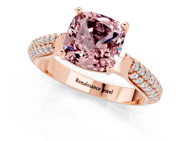 Rose gold Cushion Cut Diamond Solitaire Engagement Ring with Pavé Band and Four-Prong Setting